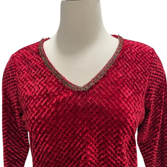 VTG Notations Petite M Red Velvet Festival Top Holiday Party Luxe Sparkle Trim - Picture 9 of 10